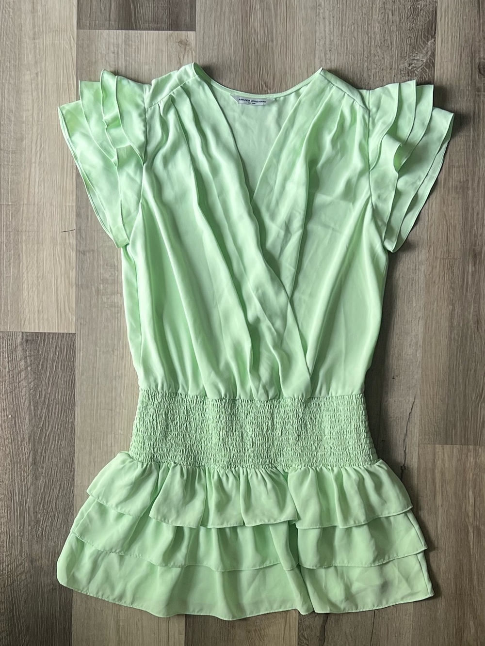 Amanda Uprichard Drop Waist Smocked Layered Tiered Faux Wrap Size Medium Green